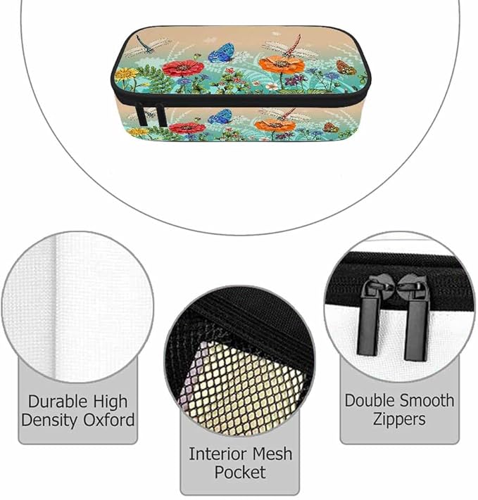 Dragonflies Butterflies Pencil Case Flowers Grass Plants Summer Pencil Bag Pen Markers Pouch Holder Organizer for Boy Girl School Students