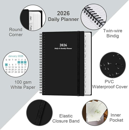 2026 Daily & Monthly Planner - One Page Per Day, Daily Planner from January 2026 to December 2026, Planner 2026 with 12 Monthly Tabs, 6.4" x 8.5", Black