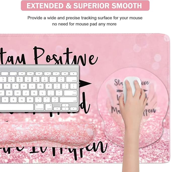 4-in-1 Gaming Mouse Pad Wrist Support Set，Desk Pad + Mouse Pad with Wrist Rest + Keyboard Wrist Rest + Coaster, Ergonomic Design for Home Office Study Game - Pink Stay Positive
