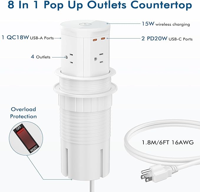 BTU Pop Up Outlet for Countertop with 15W Wireless Charger, 20W USB C Fast Charging & 4 AC Outlet, 3 1/2” Hole Desk Charging Station Pop Out Outlet for Office, Conference, Kitchen Use
