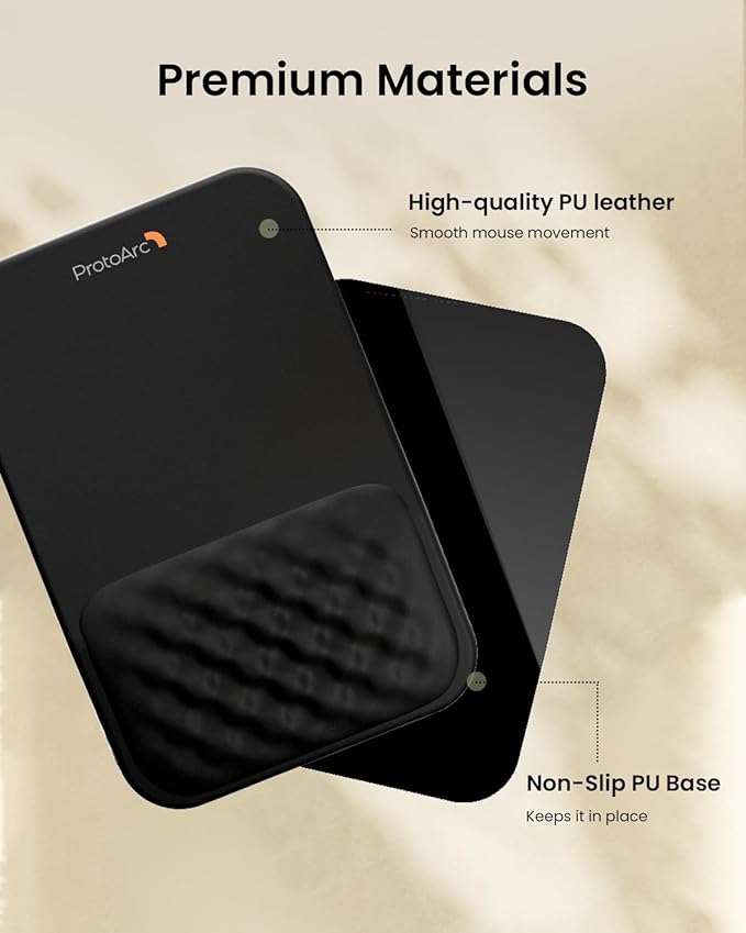 ProtoArc MP50 Ergonomic Mouse Pad with Wrist Rest, PU Leather Mousepad with Massage Design, Soft Memory Foam and Non-Slip PU Base for Pain Relief, Desk, Home, Office, 12x8 Inches, Black