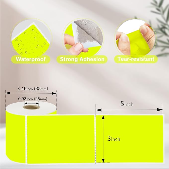 YOULAISHI 3 X 5 Inch Printable Rectangle Color Coding Labels, 300 Per Roll Adhesive Color Coding Stickers for Bar-Codes, Address, Small Business Labeling, Inventory, Fluorescent Yellow