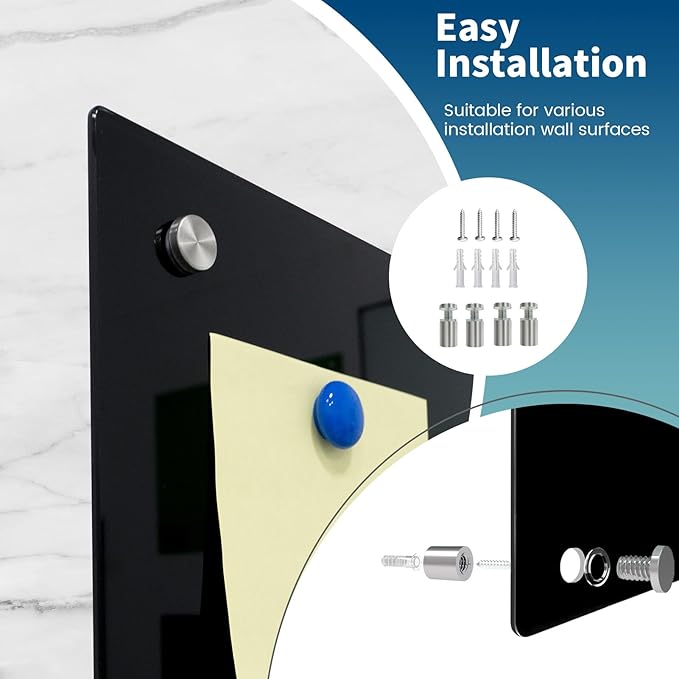 Magnetic Glass Dry Erase Board White Board Wall Mounted Whiteboard, Large Frameless Writing Board Black Glassboard, 60" W x 36" H