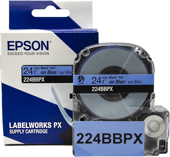 Epson LABELWORKS 224BBPX Genuine PET (Polyester) Tape Cartridge - Black on Blue Label Maker Tape - 1" (24MM) Wide, 30'