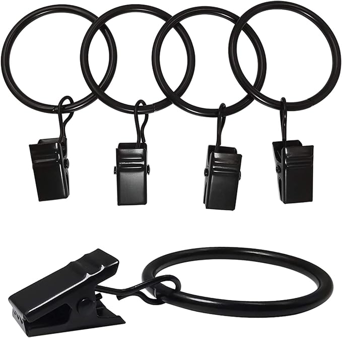 AMZSEVEN 40 Pack Curtain Rings with Clips, Drapery Clips with Rings, Drapes Rings 1.26 in Interior Diameter, Fits up to 1 in Curtain Rod, Black