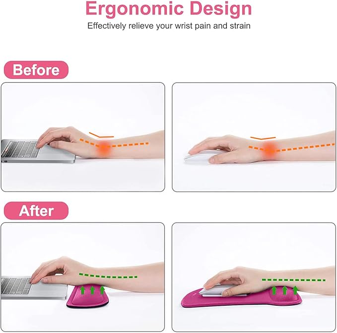 MOSISO Wrist Rest Support for Mouse Pad & Keyboard Set, Ergonomic Mousepad Non-Slip Base Home/Office Pain Relief & Easy Typing Cushion with Neoprene Cloth & Raised Memory Foam, Rose Red