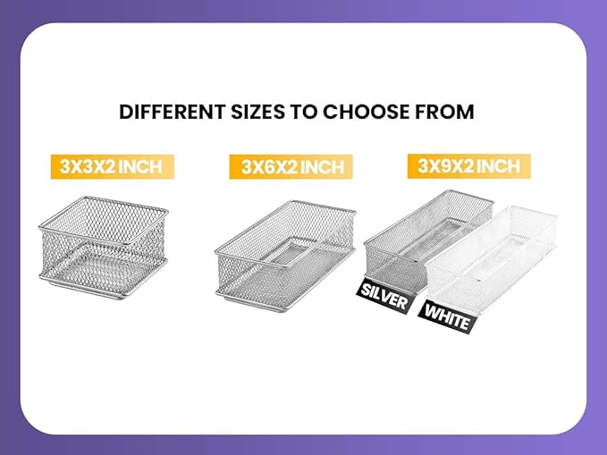 YBM HOME Silver Mesh Drawer Organizer and Storage for Kitchen Drawers, Serves as School Supply Holder, Office Desktop Organizer Basket, Makeup and Craft Supplies Organization, (1 Unit, 4x12x2 Inch)