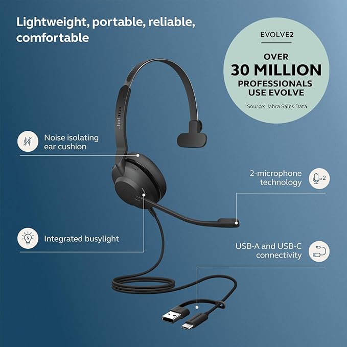 Jabra Evolve2 30 SE (2025 Version) Wired Single-Ear Headset with Microphone – Computer Headset - USB-A and USB-C Cable - Works with All Online Meeting Platforms - Black