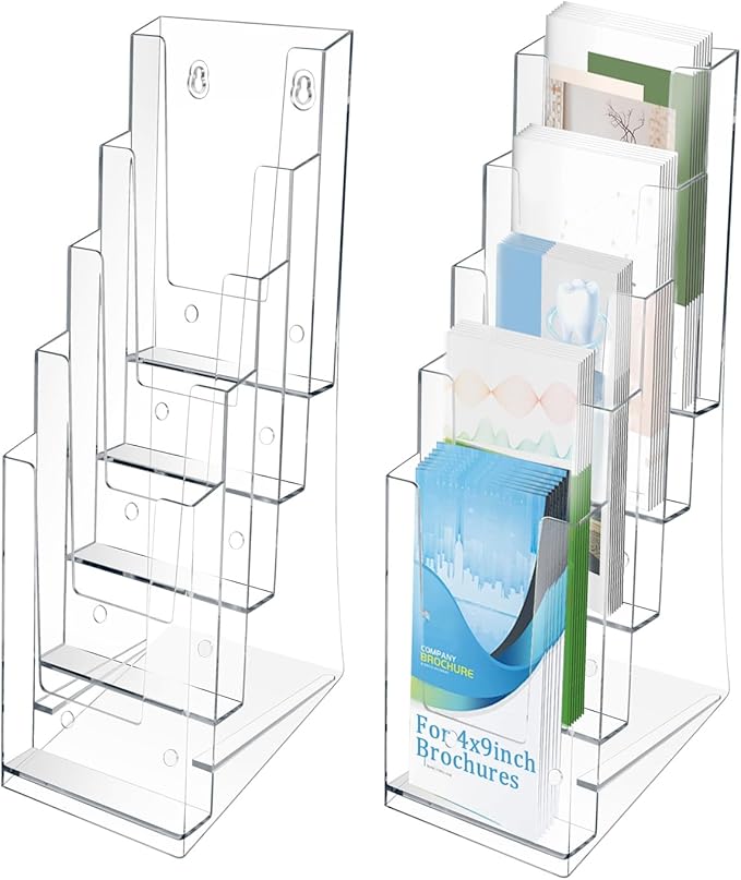 4 Pack Acrylic Brochure Holder 5 Tier Clear Brochure Display Flyer Holder 4.2"x11.3" inch Rack Brochure Holder Suitable for 4"x9" Brochures,Magazine Holder,Flyer Holder(4)