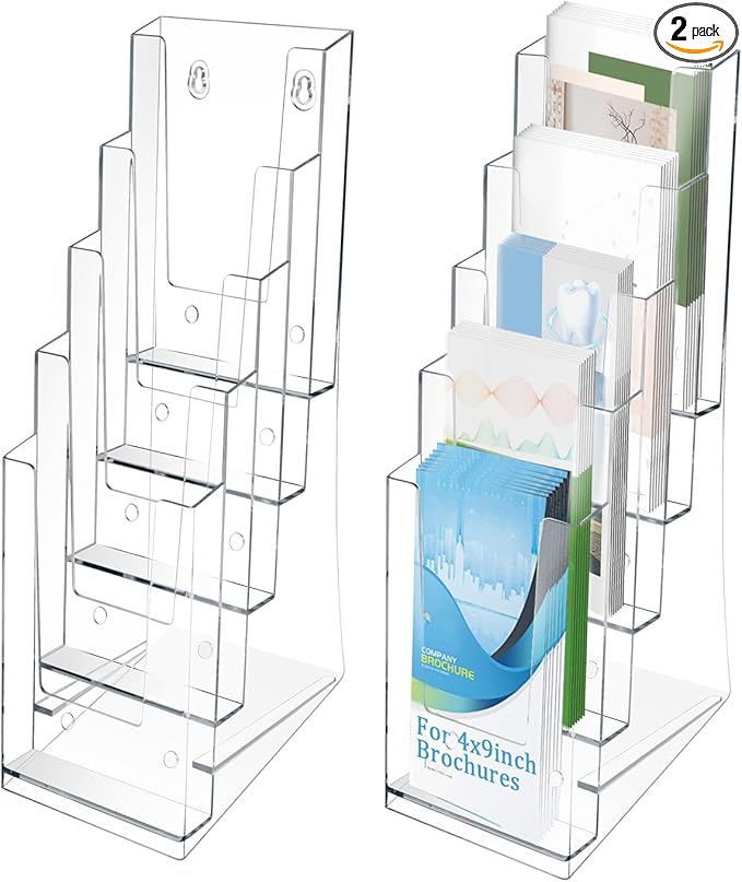 2 Pack Acrylic Brochure Holder 5 Tier Clear Brochure Display Flyer Holder 4.2"x11.3" inch Rack Brochure Holder Suitable for 4"x9" Brochures,Magazine Holder,Flyer Holder (2)