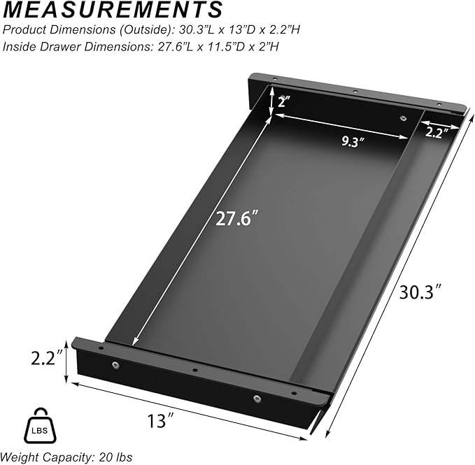 Large Under Desk Mounted Sliding Drawer with Pencil Tray and 60 Degree Tilt Panel to Pull Out, 30'' Long & 13'' deep Large Storage Organizer for Sit Stand Workstation