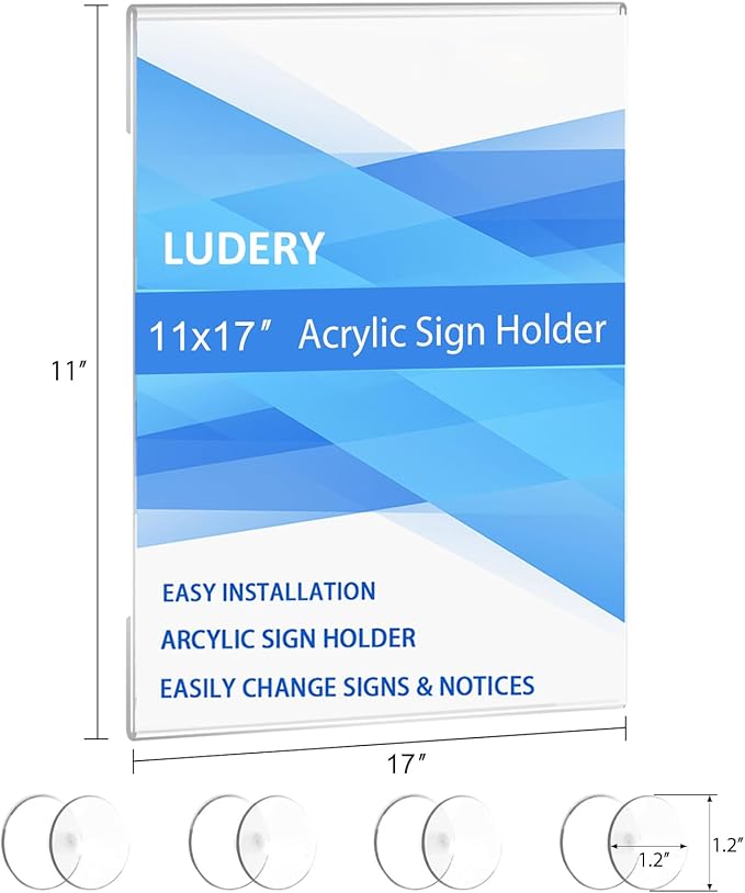 Acrylic Window Sign Holder 11x17 with 4 Suction Cups,Clear Acrylic Frames Glass Window Wall Mount,Advertising Signage Sign Holder for Mall, Office, Home, Store, Restaurant (4 Pack)