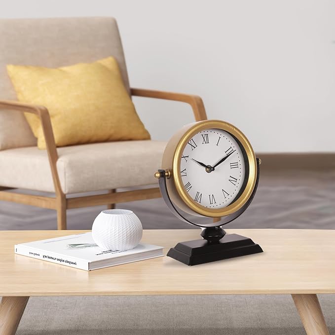 Desk Clock - Classic Vintage Clock and Decorative Shelf Decor,Silent Non-Ticking Clock with Distressed Metal Frame for Office, Living Room or Bedroom