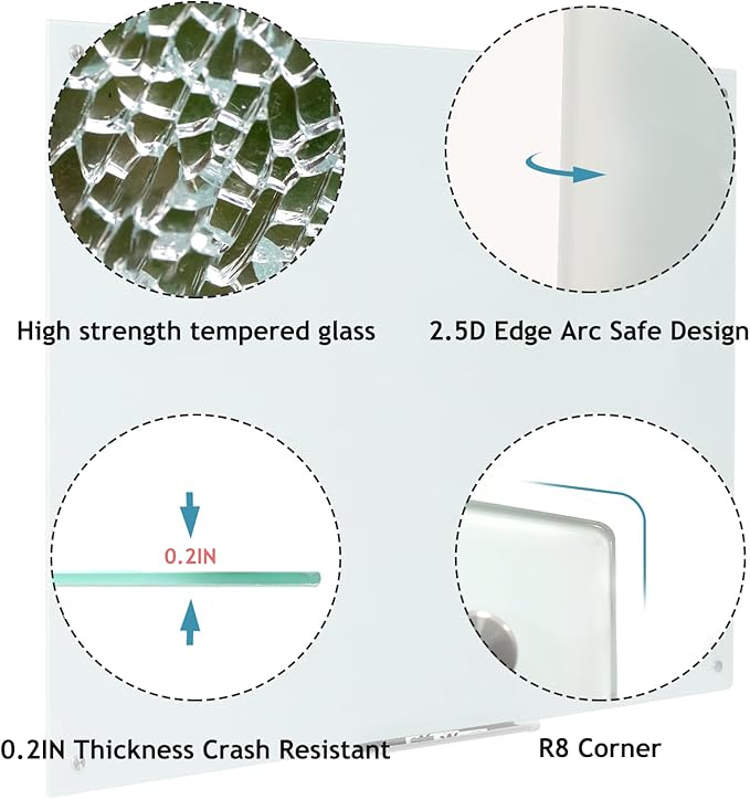 Magnetic Glass Dry Erase Board - White Board 48 x 96 Inch Wall Mounted Glass Whiteboard, Large Frameless White Board for Wall Office, Home & School,