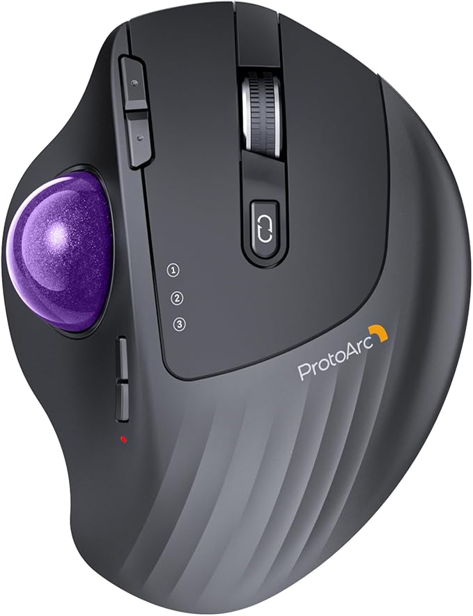 ProtoArc Wireless Trackball Mouse, EM01 NL Ergonomic Bluetooth Rollerball Thumb Rechargeable Computer Laptop Mouse, Adjustable Angle & 3 Device Connection for PC, Mac, Windows-Purple Ball