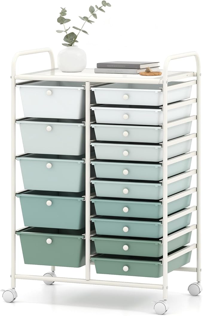 DORTALA 15-Drawer Rolling Storage Cart with Drawers, Rolling Utility Cart w/Removable Drawers & Universal Wheels, Tools Scrapbook Paper Organizer for School, Office, Home, Classroom (Gradient Green)