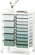 DORTALA 15-Drawer Rolling Storage Cart with Drawers, Rolling Utility Cart w/Removable Drawers & Universal Wheels, Tools Scrapbook Paper Organizer for School, Office, Home, Classroom (Gradient Green)