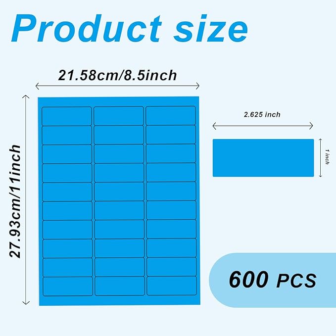 1" x 2-5/8" Colored Address Labels, 600 Bright Blue Label Stickers- Laser/Ink Jet Printer Mailing Labels, 8.5"x11" 20 per Sheet