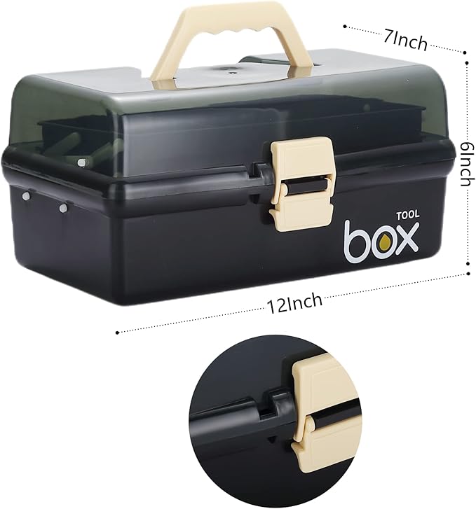 2PCS 12'' Three-Layer Clear Plastic Storage Box/Tool Box, Multipurpose Organizer and Portable Handled Storage Case for Art Craft and Cosmetic (Black)