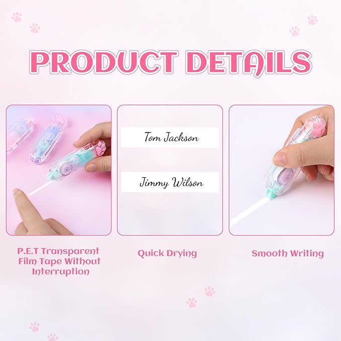 Kogcmeetl 3 Pack White Out Correction Tape, Cute Retractable Correction Tape, Kawaii Cat Paw White Out Tape for Cat Lovers Students and School Office Supplies