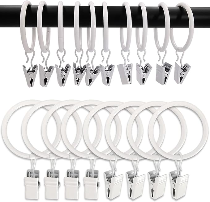 AMZSEVEN 100 Pack Metal Curtain Rings with Clips, Drapery Clips Hooks, Decorative Curtain Rod Clips 1.5 in Interior Diameter, Rustproof White