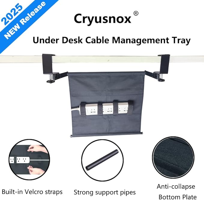 Under Desk Cable Management Tray, 15.7" Cord Organizer for Desk, No Drill,Clamp Mount Fabric Cable Management Tray for Office, Home(Black)