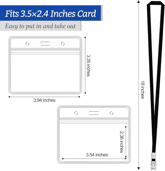 100 Pcs Clear Horizontal Badge Id Card and 100 Pcs Lanyard, Reusable Lanyards for Id Badge Holder Name Tag Badge Holder with Lanyards for Adults Kids Business School Conferences (Black)