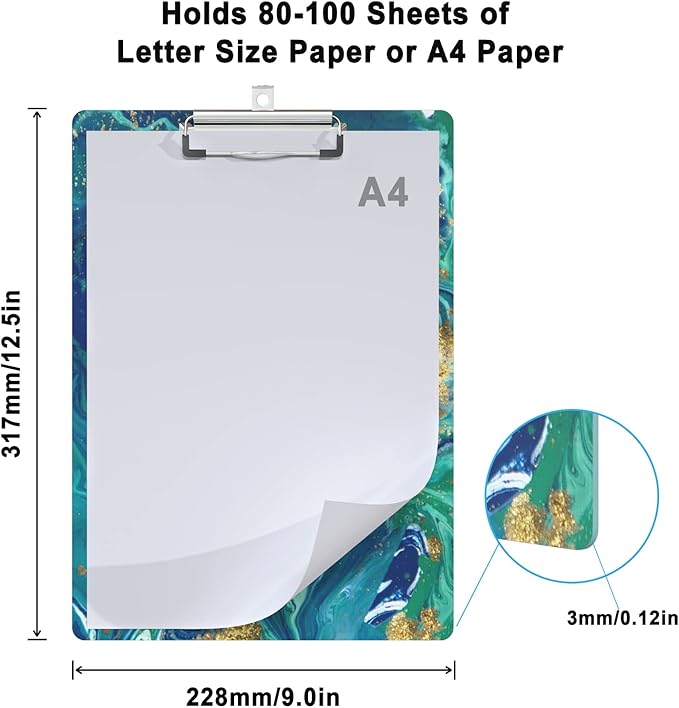 Clipboard Wood Design Decorative A4 Letter Size Clip Boards for Classroom Office, Standard Size 9" x 12.5" with Low Profile Metal Clip - Blue Gold Marble