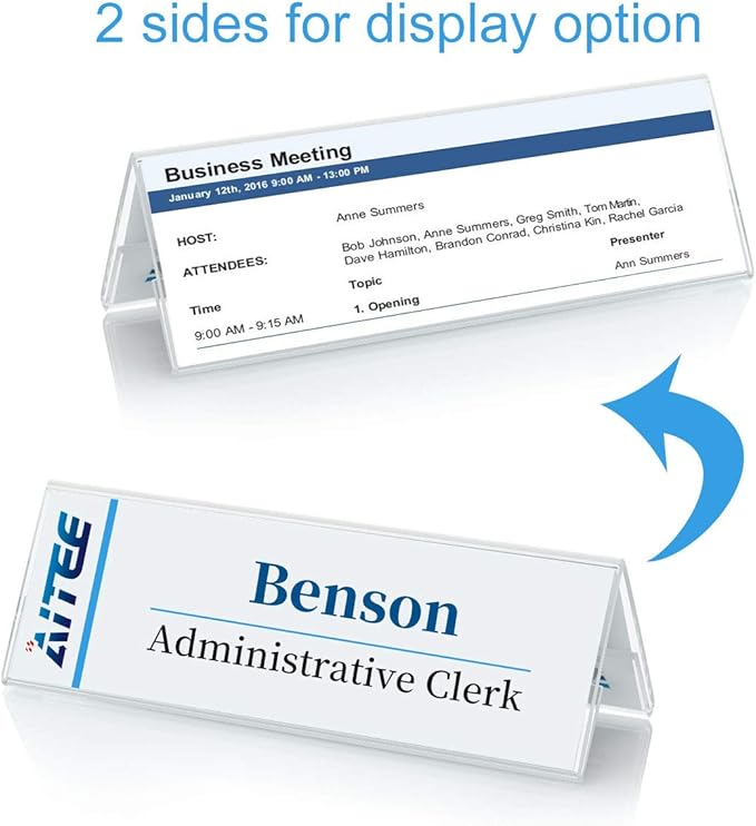 Acrylic 12 Pack Name Plates for Desks, AITEE 3x8.5 Clear Tent Name Plate Display for Office Conference, Reusable Name Tent Holder for Business Training Event