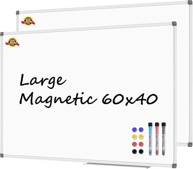 Lockways Dry Erase Board 60 x 40 Inch, Large Magnetic White Board Pack of 2, Aluminium Frame Whiteboard with Marker Tray for School, Office and Home