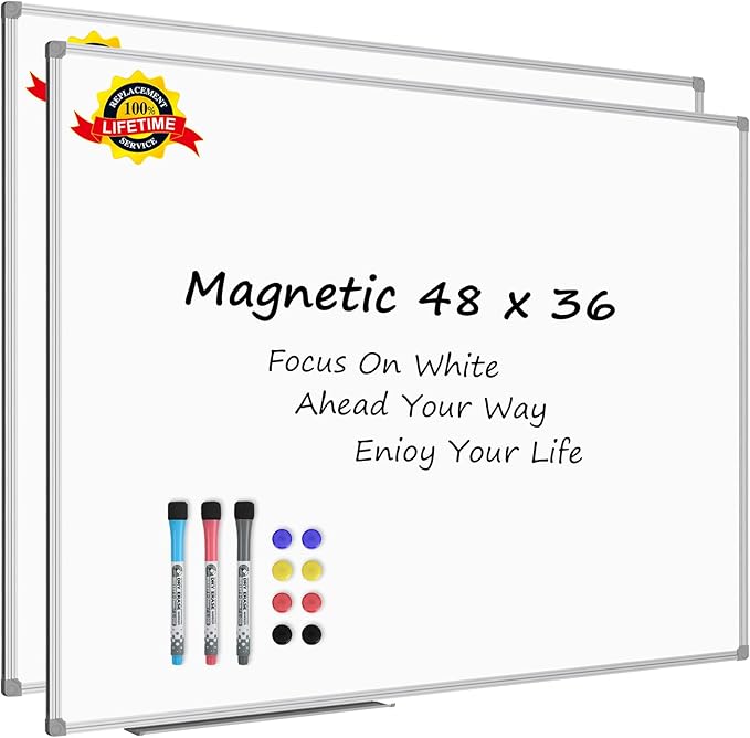 Lockways 48 x 36 Inch White Board 2 Pack | 4 x 3 Dry Erase Boards Magnetic Whiteboard for Office School and Home
