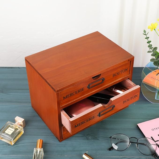 Wooden Storage Box Rustic Desktop Organizer with 3 Drawers Office Desk Accessories Shelf Small Craft Storage Containers Apothecary Cabinet and Chest Jewelry Holder for women(BROWN)