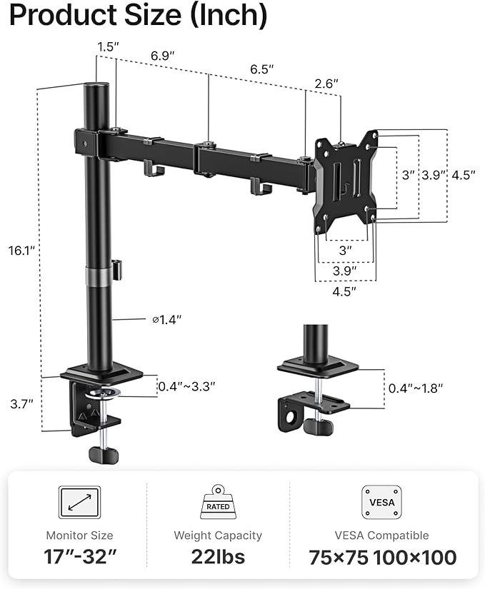 monTEK Single Monitor Stand for 17-32 inches Screen, Fully Adjustable Monitor Arm Desk Mount up to 22lbs Capacity, Computer Mount with C Clamp and Grommet Base, Max VESA 100x100mm