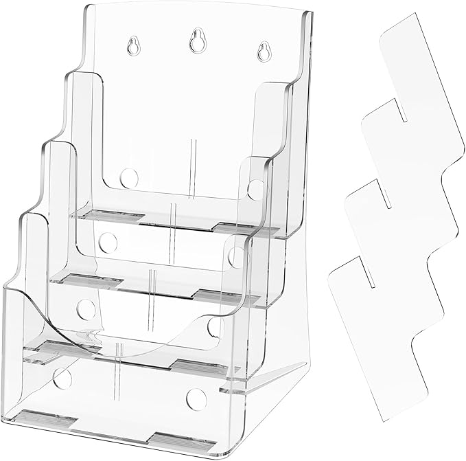 VEVOR Acrylic Brochure Holder 8.5 x 11 inch, 4-Tier Clear Acrylic Literature Display Stand, Plastic Literature Organizer Flyer Stand & Removable Divider for Office Exhibition, Countertop or Wall Mount