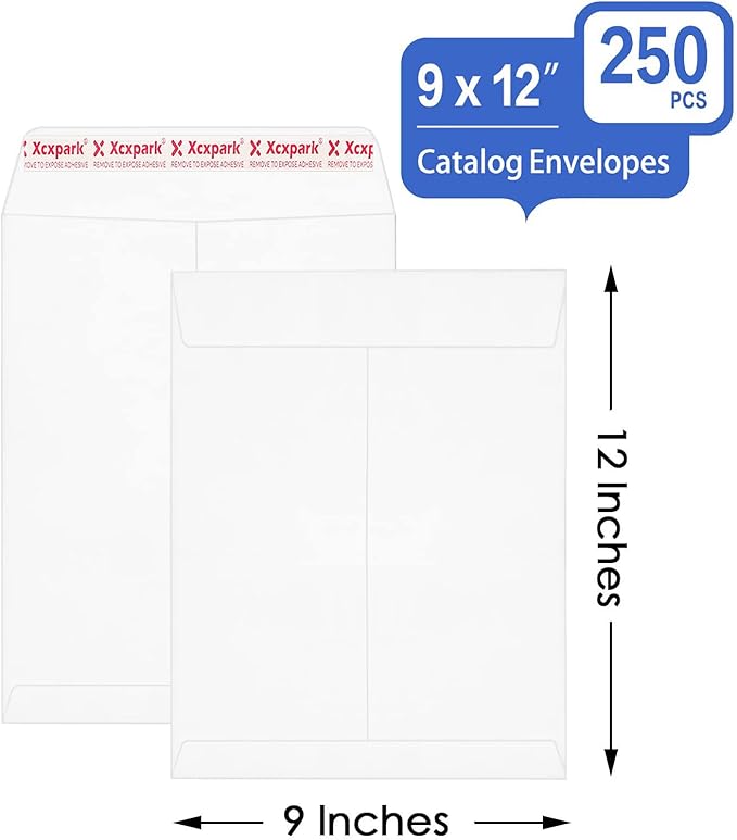 Xxcxpark 250 PCS 9x12 inches Security Catalog Envelopes Printable Self Seal Envelopes, Anti Tear White Kraft Envelopes for Invitation Cards, Pictures, Photos, Documents