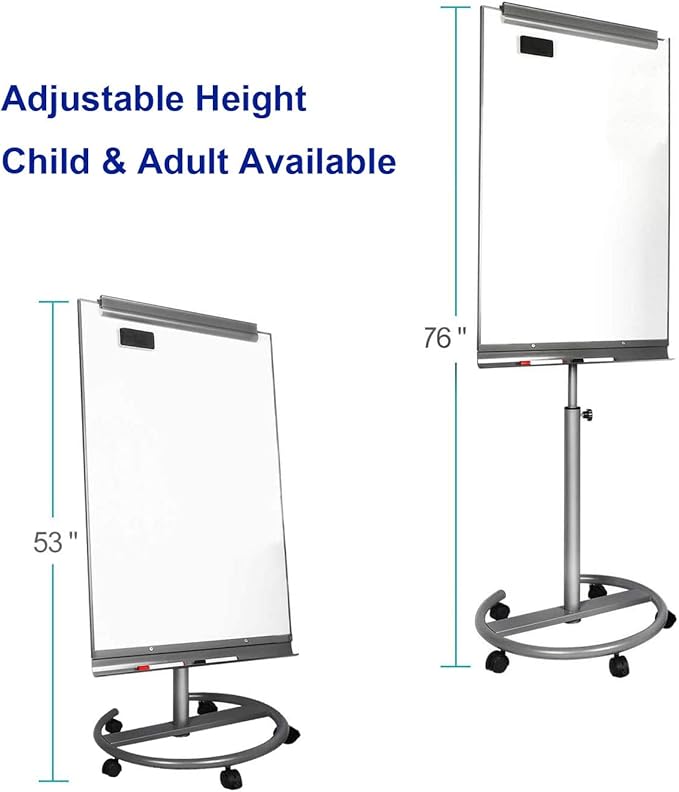 BIBOC Mobile Dry Erase Board – 40x26 inches Magnetic Portable Whiteboard Stand Adjustable Easel White Board Flipchart Easel Board with 25 Sheets Paper Pad 1 Eraser, 2Markers