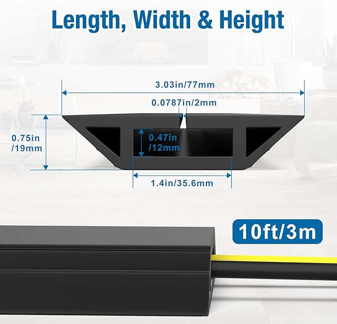 Eapele 10 ft Floor Cord Cover Heavy Duty Cable Protector, Easy to Unroll, Prevent Trip Hazard for Home Office or Outdoor Settings (Black)