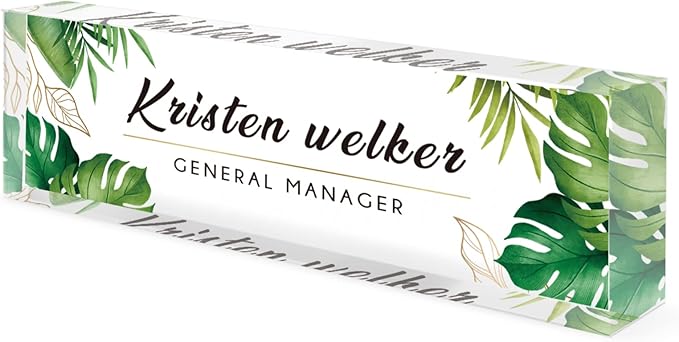 Desk Name Plate Personalized, Premium Clear Acrylic Desk Name Plate, Personalized Name Plate for Desk, Office Decor for Women or Men Coworkers, Boss, Employee, Teacher, Social Worker(Green Monstera)