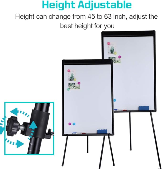 Dry Erase Easel 36" x 24", Height Adjustable Magnetic White Board with Tripod Stand, Office Presentation Board with 25 Sheets Flipchart Paper Pad, Magnets & Eraser, Black