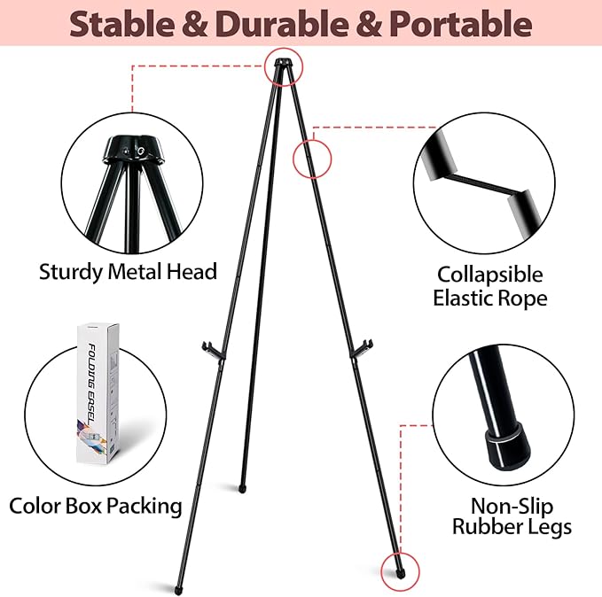 Black Easel Stand for Wedding Signs, Posters & Paintings - 63" Adjustable Portable Display Easel for Welcome Signs, Art Canvas, Pictures - Folding Tripod Stand with Carry Bag (1 Pack)
