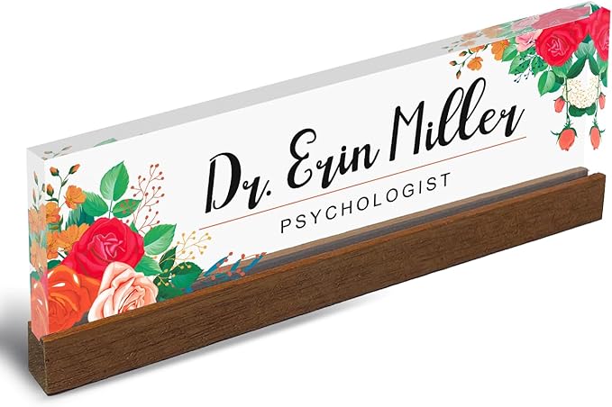 Artblox Personalized Office Desk Name Plate and Business Card Holder | Clear Acrylic Glass with Teak Wood Stand |Mixed Flowers Design Customized with Your Name and Credentials Office Desk Décor