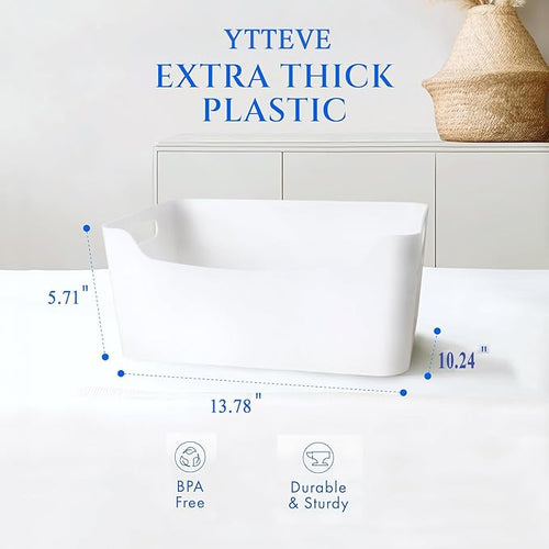 6 - Pack White Plastic Storage Bins for Shelves, Closet Kitchen Storage Containers for Pantry Bathroom Office Organization Baskets, Cabinet Organizing Containers, White Organizer Bins for Shelves