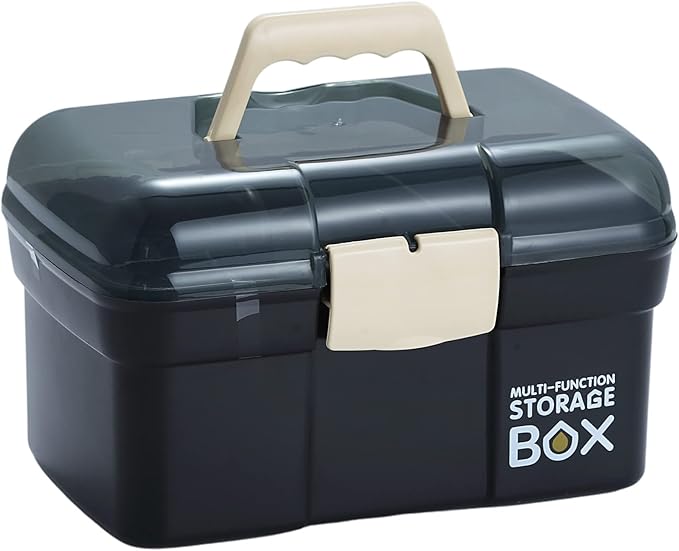 11'' Plastic Box Organizer with Removable Tray, Sewing Organizer, Craft & Art Supply Multipurpose Storage Box for Cosmetic (Black)