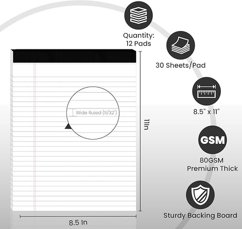 12pcs Legal Pads 8.5 x 11,Notepads 8.5 x 11 Inch, 30 Sheets/Pack, White Note Pads Clear Print Writing Pads of Paper, Perforate Wide Ruled Lined with Sturdy Back for Office, Business & School Supplies