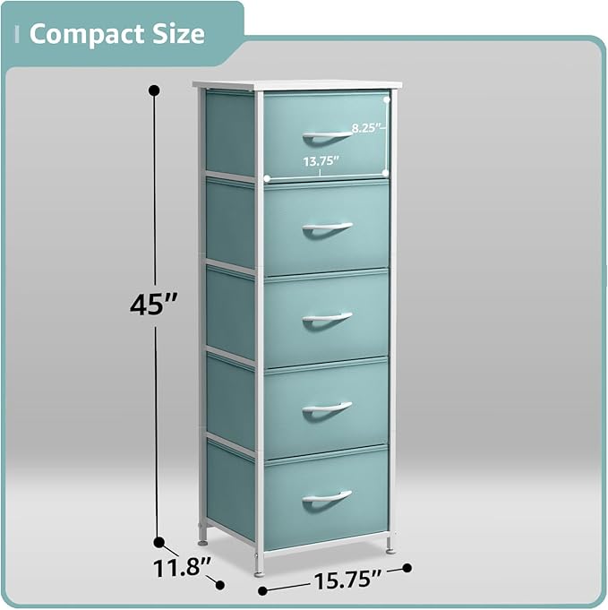 Sorbus Fabric Dresser for Kids Bedroom - Chest of 5 Drawers, Tall Storage Tower, Clothing Organizer, for Closet, for Playroom, for Nursery, Steel Frame, Fabric Bins - Wood Handle (Aqua)