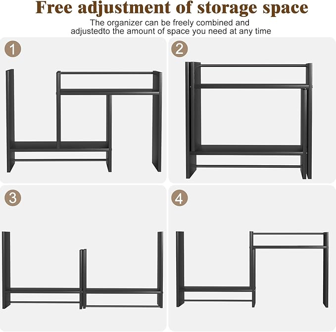 Desktop Organizer Shelf, Adjustable Wooden Double-Tier H-Shape Mini Bookcase, Multi-Use Office Storage Rack for Desk Top/Corner, Table Top Shelving & Office Organization Accessories (Black)