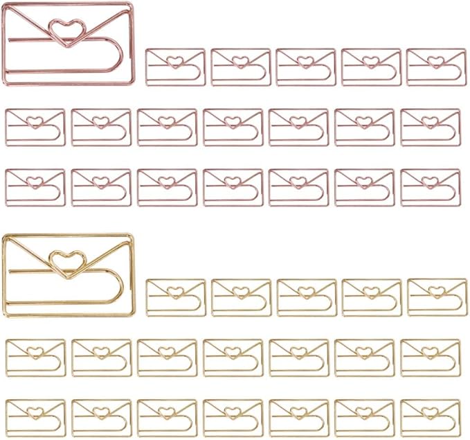 OWLFAVO 40pcs Envelope Shape Paper Clips with Clear Box, Rose Gold and Yellow Gold, Funny Cute Paperclips Bookmarks Planner Clips for Fun Office Supplies School Gifts Wedding Decoration