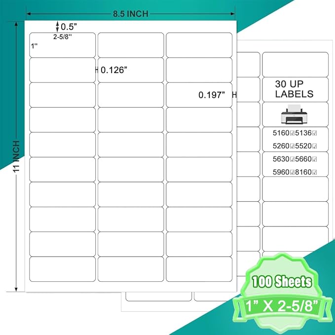 Address Labels, OausTect 1" x 2-5/8" Mailing Label for Envelopes, 3000 White Blank Printable 8.5"×11" Sticker Labels Paper for Laser/Inkjet Printer, 30 Up Per Sheet (100 Sheets)