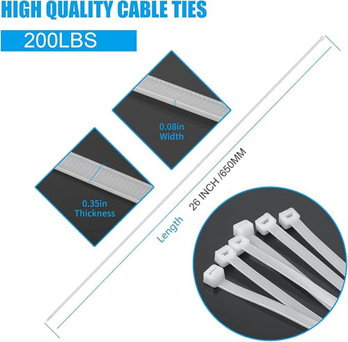 26 inch White Zip Ties Heavy Duty 60 PCS, 200 LBS Ultra Exclusive Strong Plastic Wire Ties, Large Cable Ties Extra Long Tie Wraps, Indoor and Outdoor UV Resistant