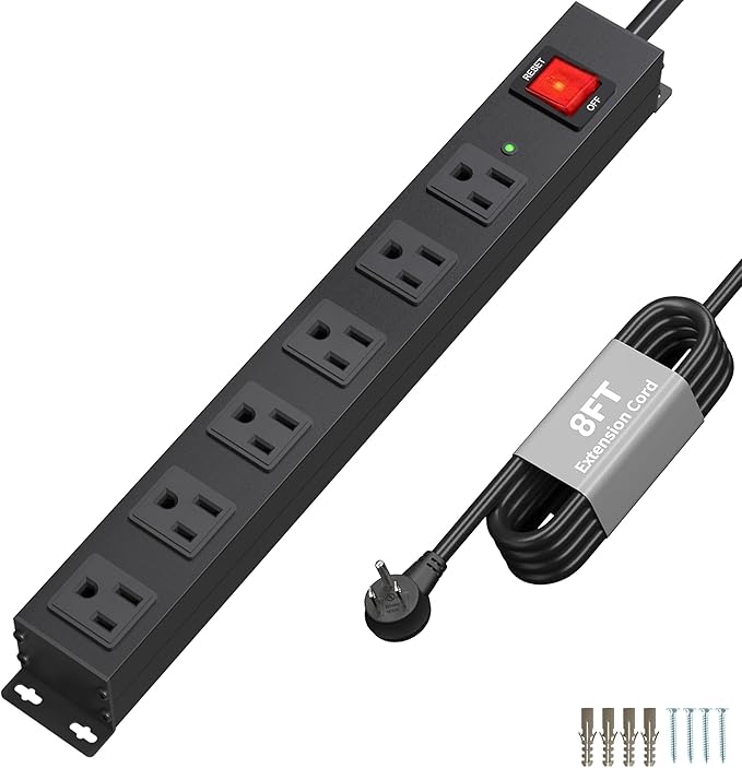 KF 6 Outlets Heavy Duty Power Strip with 2100J Surge Protection and 15A Circuit Breker,6 Wide-Spaced Outlets in Metal Housing,Wall Mount with 8FT Extension Cord for Organized Home,Office,Garage